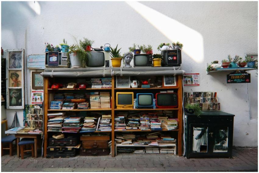 Vintage bookshelf in Istanbul filled with books, r