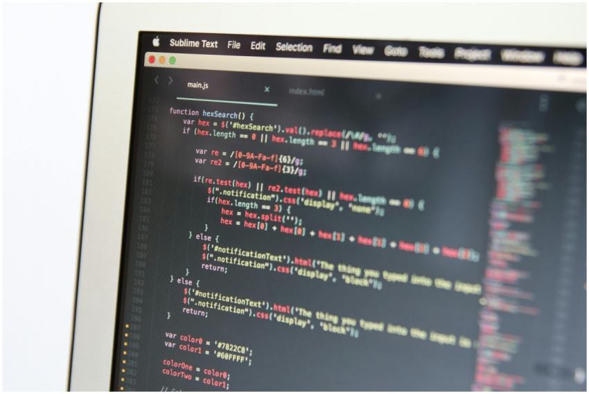 Close-up image showing JavaScript code on a comput