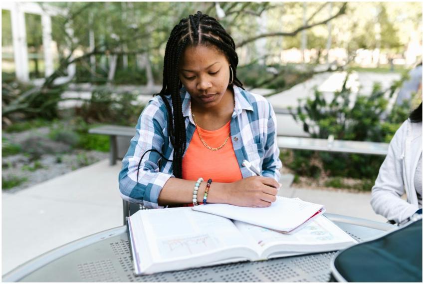 African American woman studying outdoors, writing