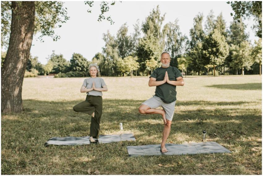 An elderly couple doing yoga in a serene park sett