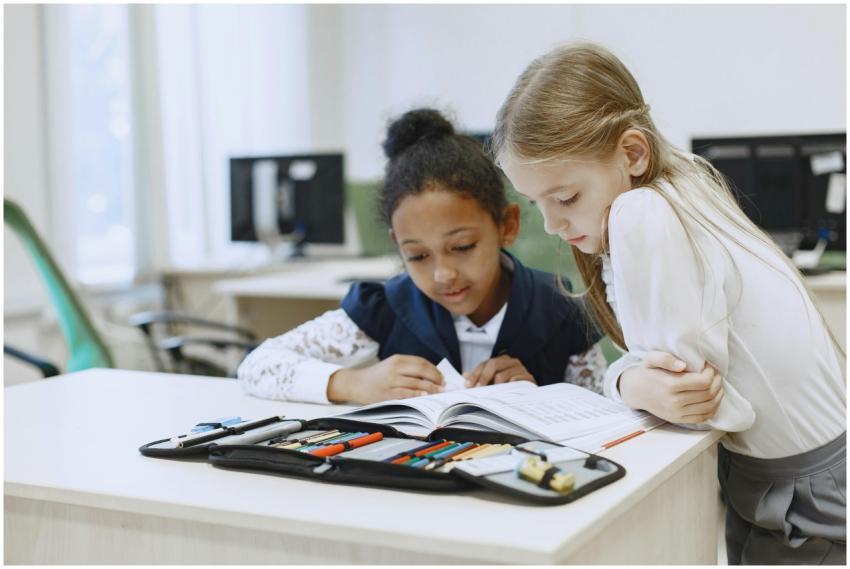 Two young girls studying together in a classroom,