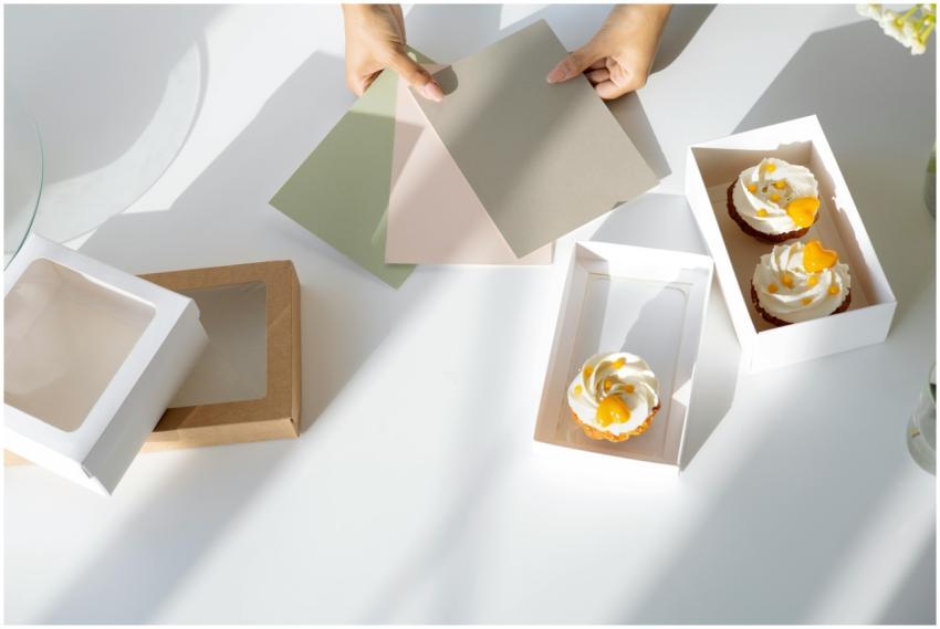 Hands holding color swatches over cupcakes and pac