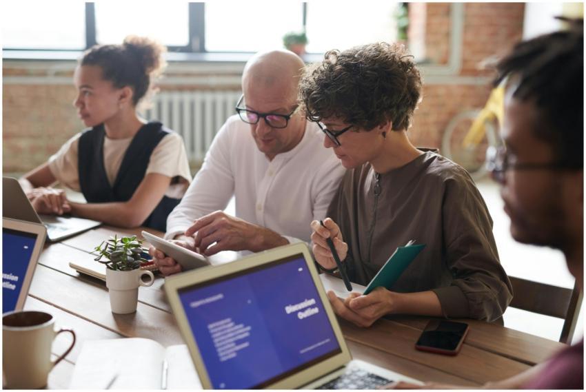 A group of adults working together on laptops and