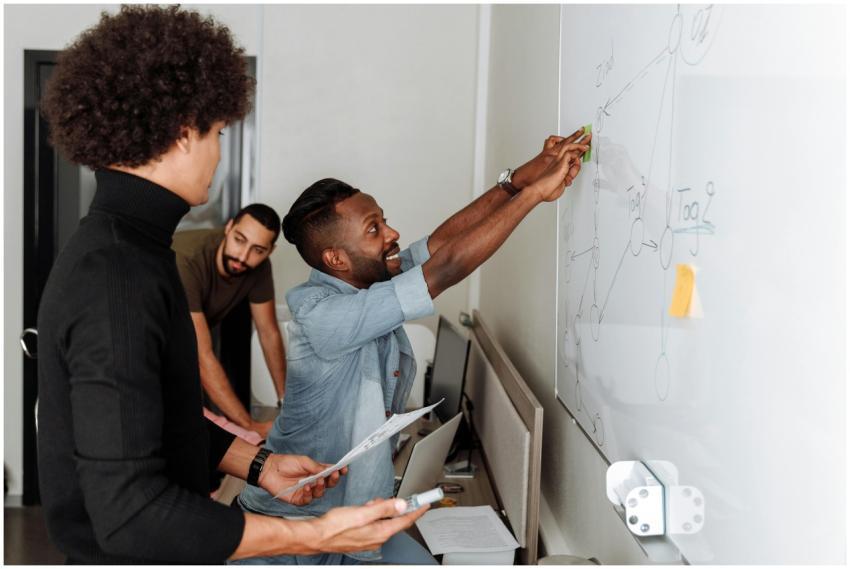 A diverse team of professionals brainstorming solu