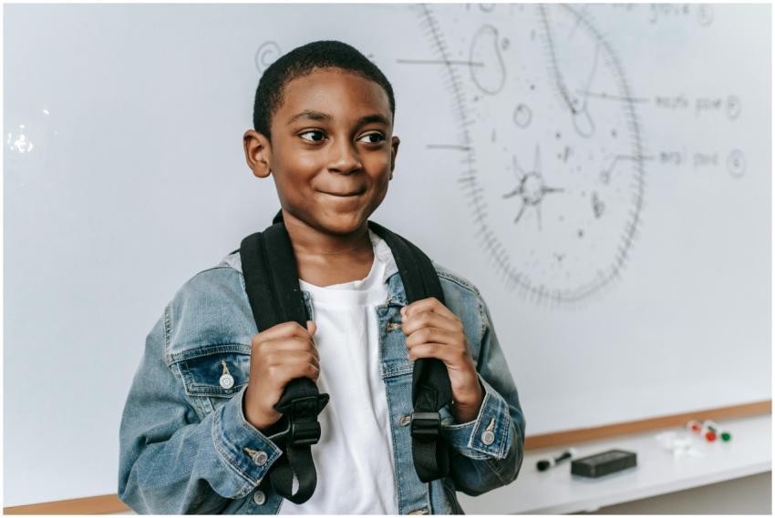 A cheerful African American boy with a backpack in