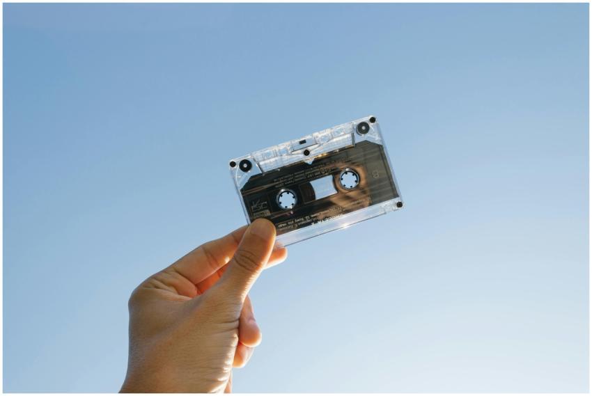 A person holds a vintage cassette tape against a c