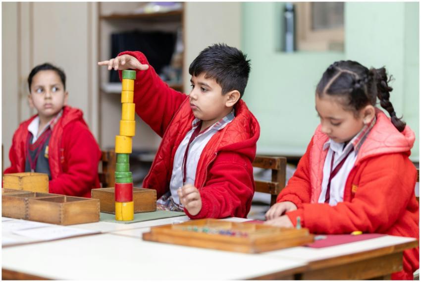 Children learning with Montessori materials in a c