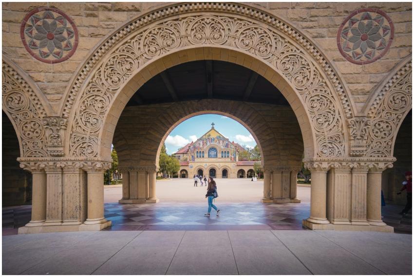 Intricate stone arches at Stanford University fram