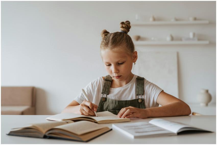 Young girl with braided hair concentrating on her