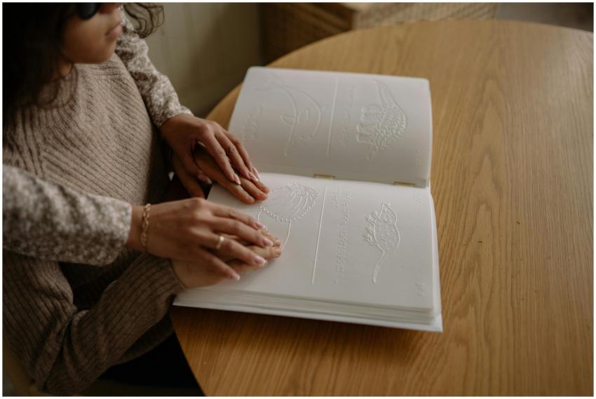 A child reads a Braille book with guidance, focusi