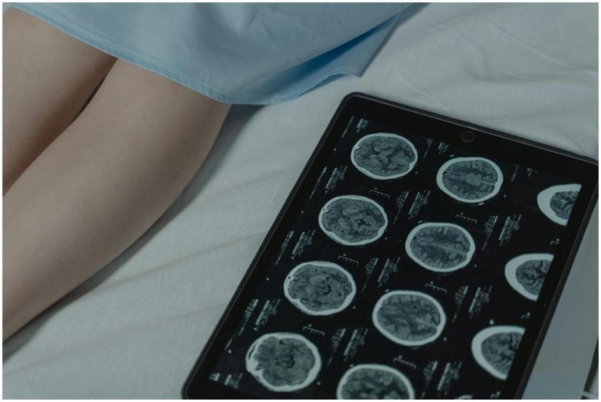 Close-up of brain CT scan display on tablet beside