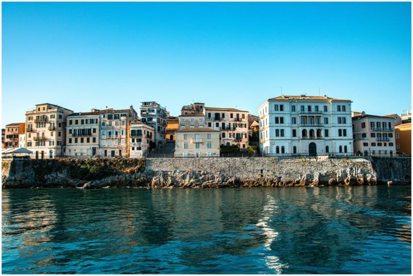 Stunning view of coastal buildings in Corfu, Greec
