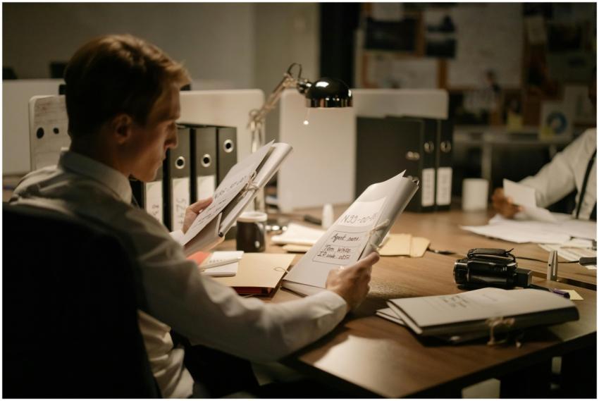 Two detectives reviewing documents in a dimly lit