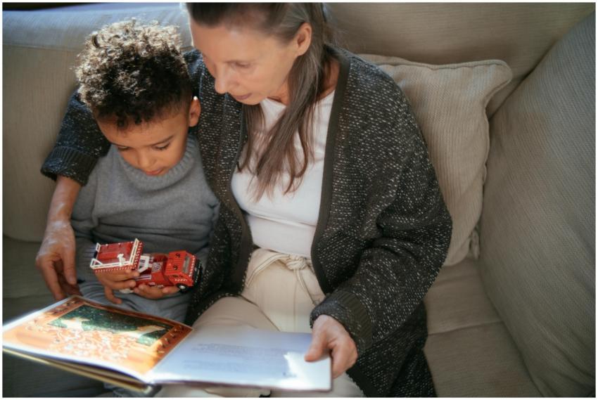 A grandmother and grandson sharing a cozy reading