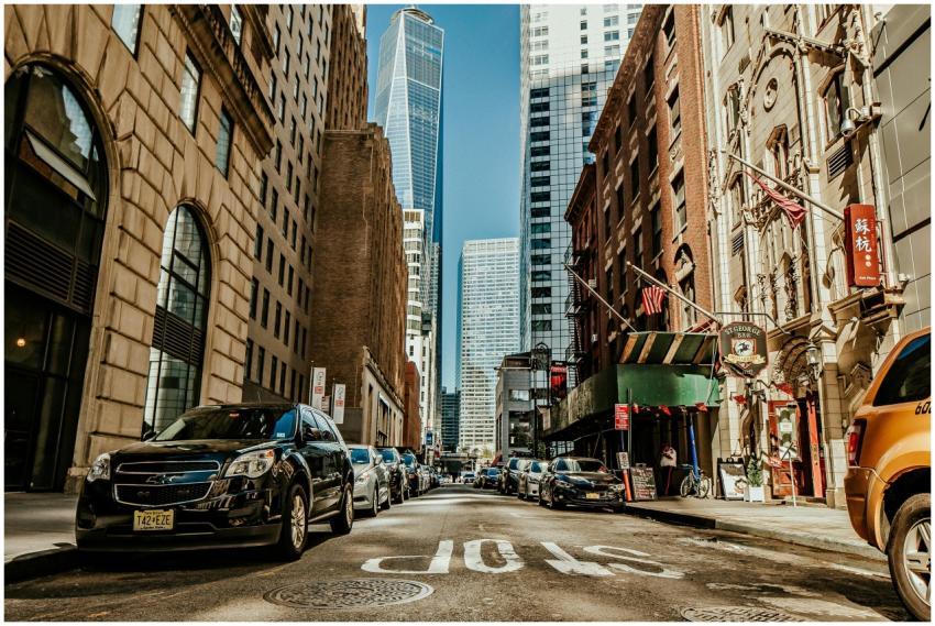 Dynamic street view of New York City with skyscrap