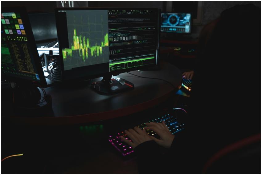 A cybersecurity expert in a dimly lit room is typi