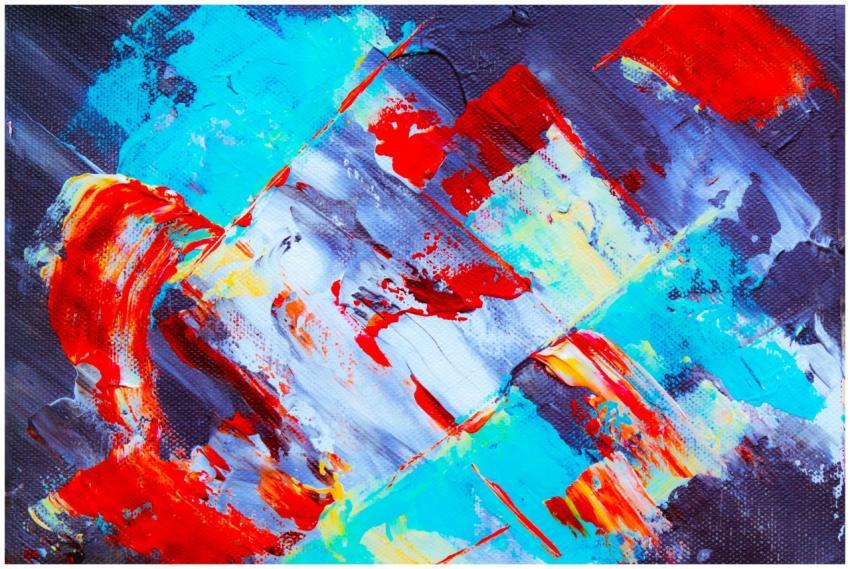 Dynamic abstract artwork featuring vivid blue, red