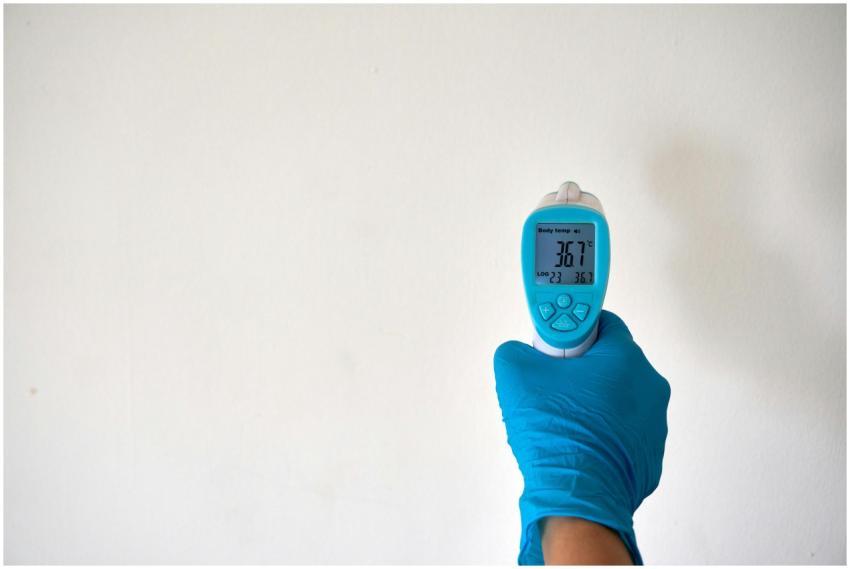 A hand in blue gloves holding an infrared thermome