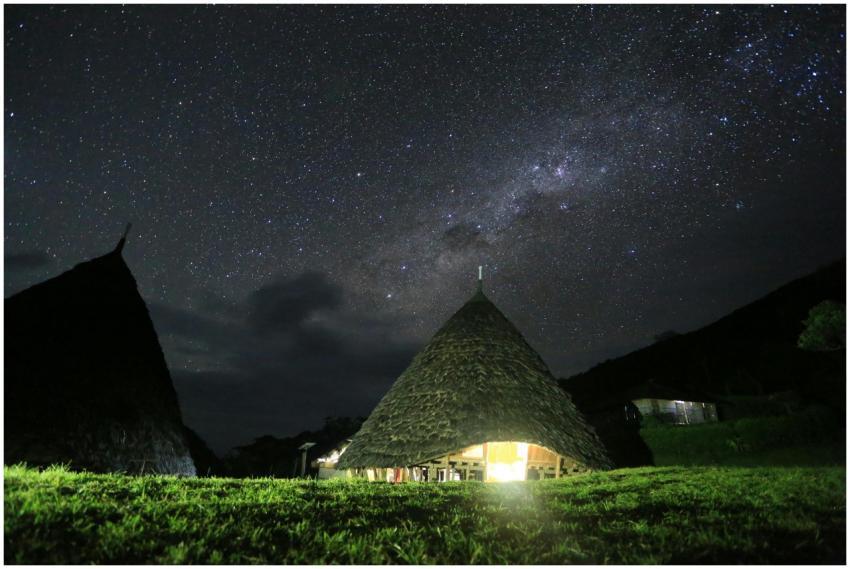 A serene nighttime scene with a brightly lit tradi