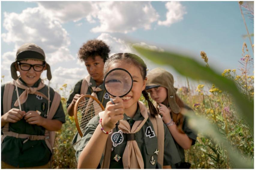Group of children exploring the outdoors in scouti