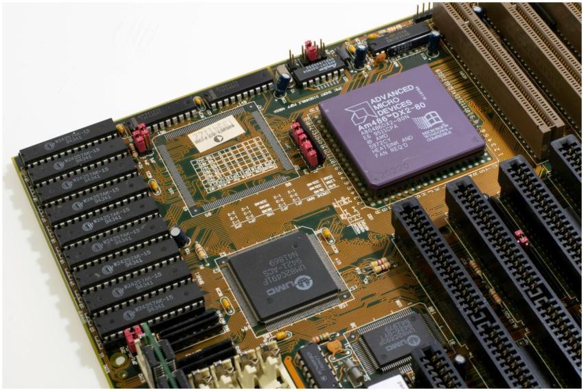 Detailed close-up image of a vintage motherboard s