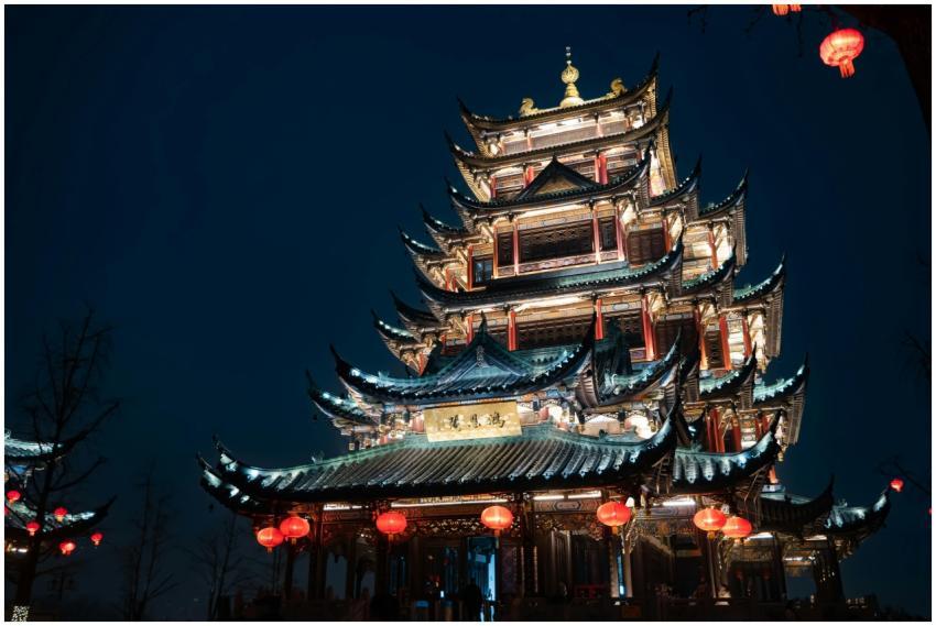 Illuminated traditional Chinese temple in Chongqin