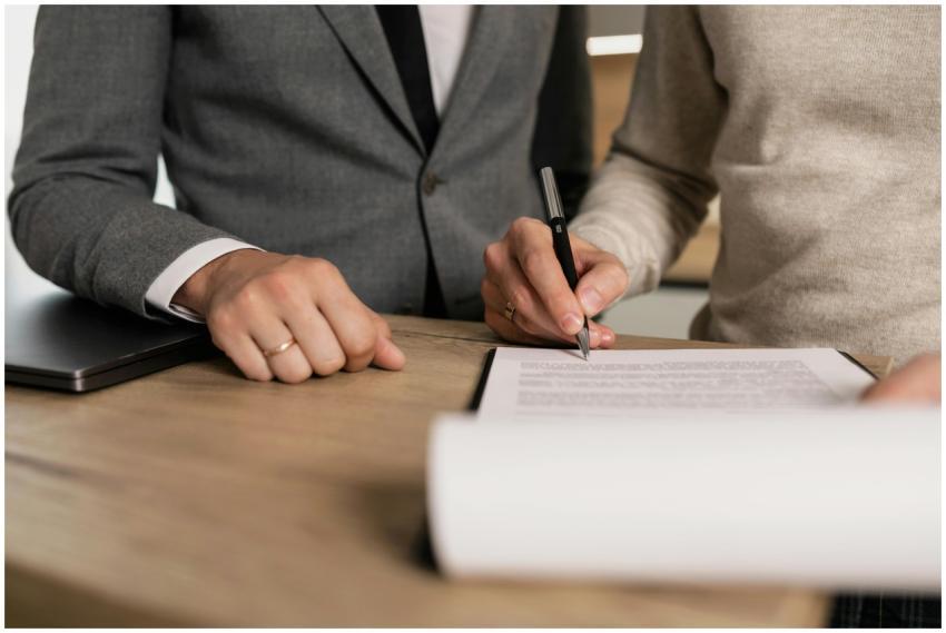 Close-up of businessmen signing documents at a woo