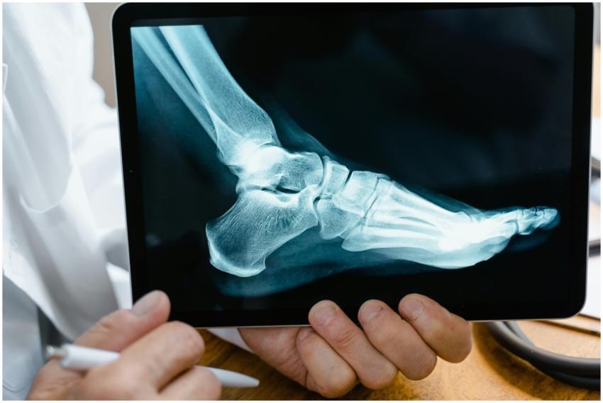 A doctor reviews a foot X-ray on a digital tablet