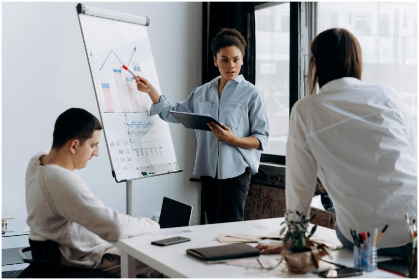 Business team discussing strategy with a presentat