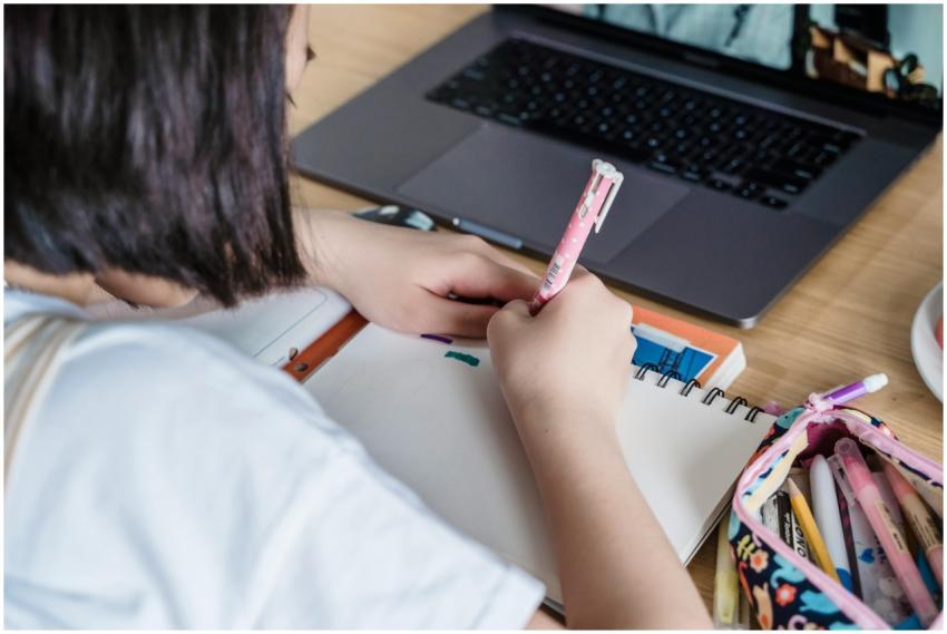 A young girl engaged in distance learning, using a