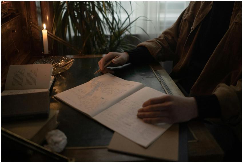 A person writes in a dimly lit room, surrounded by
