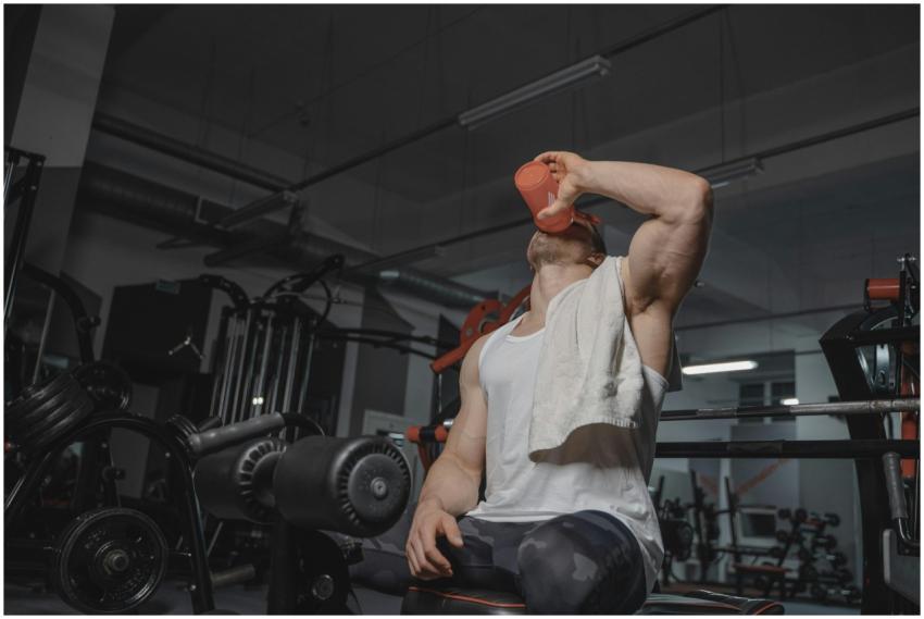 Strong man in gym drinking protein shake, emphasiz
