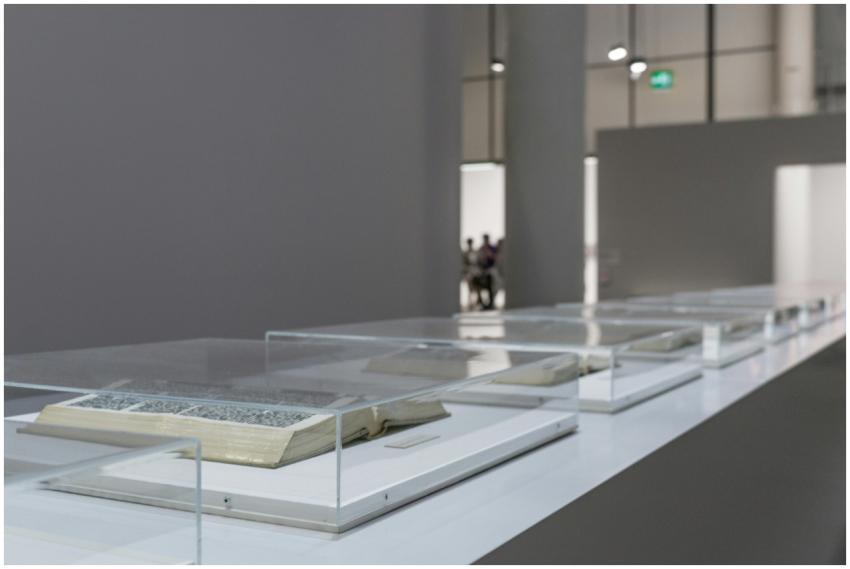 Modern art museum exhibit featuring open books in