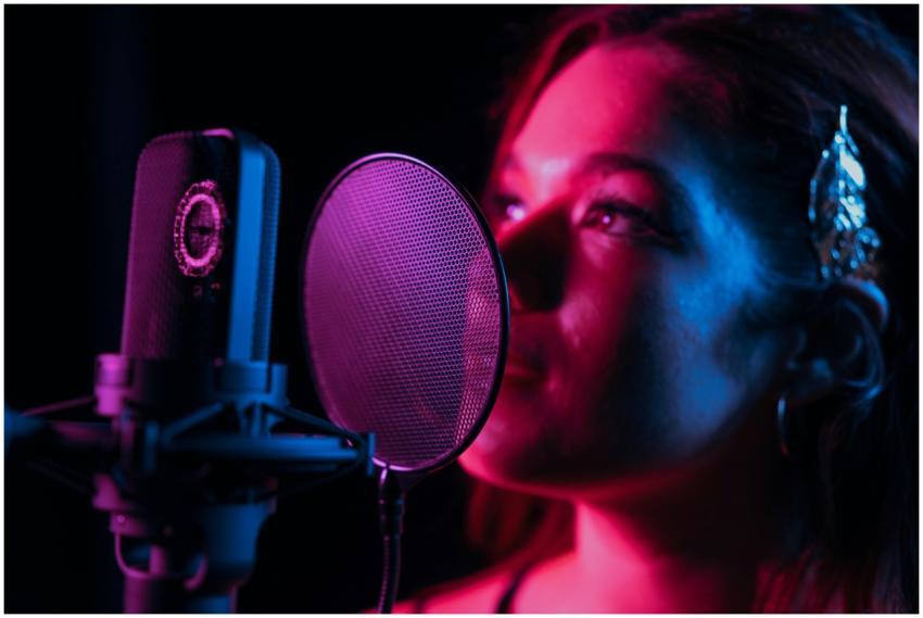 Close-up of a woman singing into a microphone in a