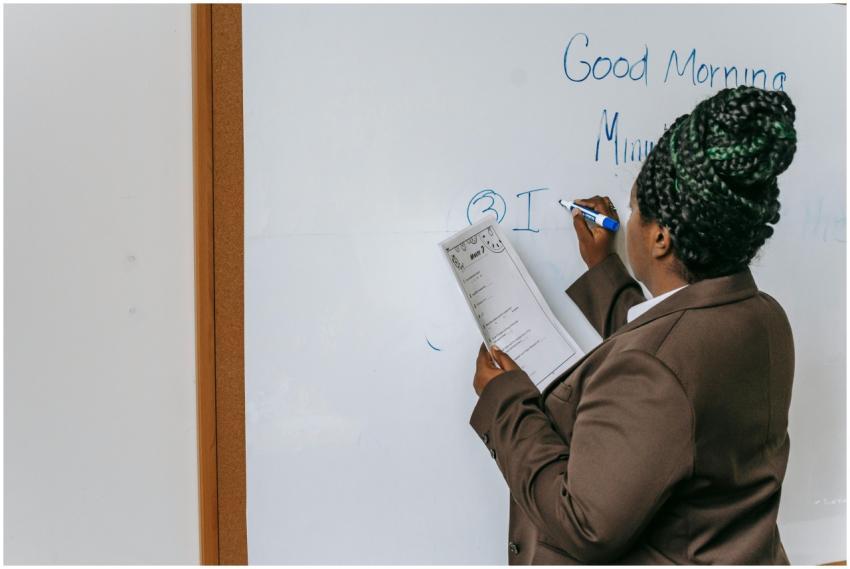 A female teacher in a brown suit writes on a white
