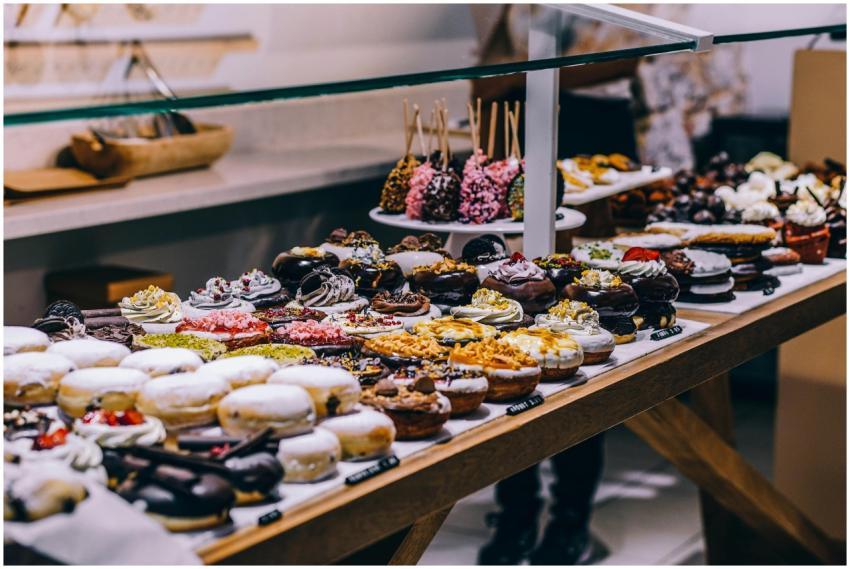 A tempting display of various donuts and pastries