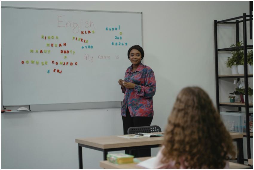 A teacher explaining English concepts to a student