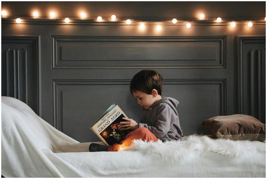 A young boy reads a book in a cozy bedroom setting