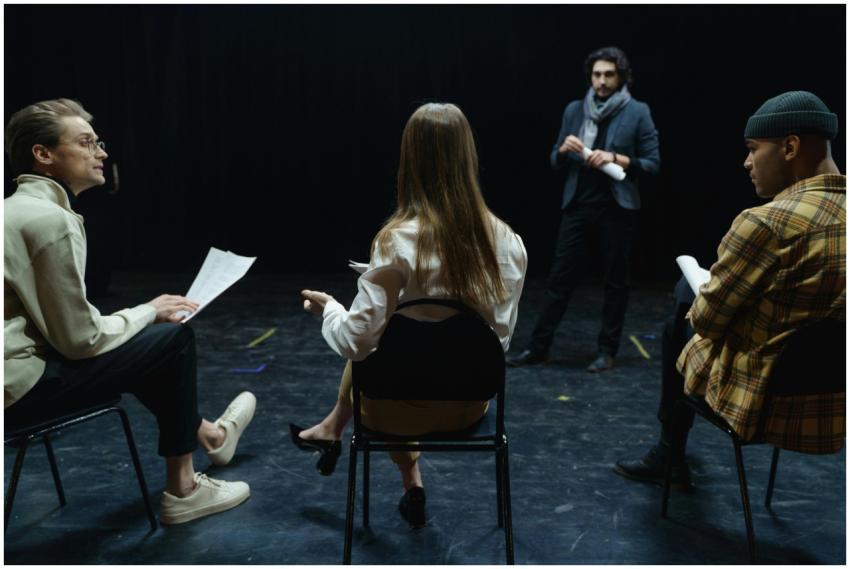 Group of actors in rehearsal with director, practi