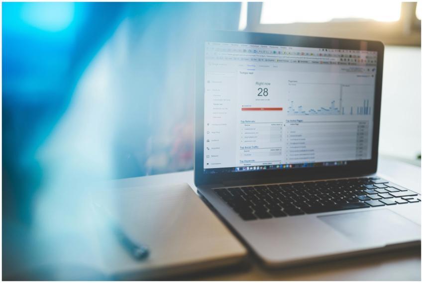 Laptop displaying Google Analytics in a modern wor