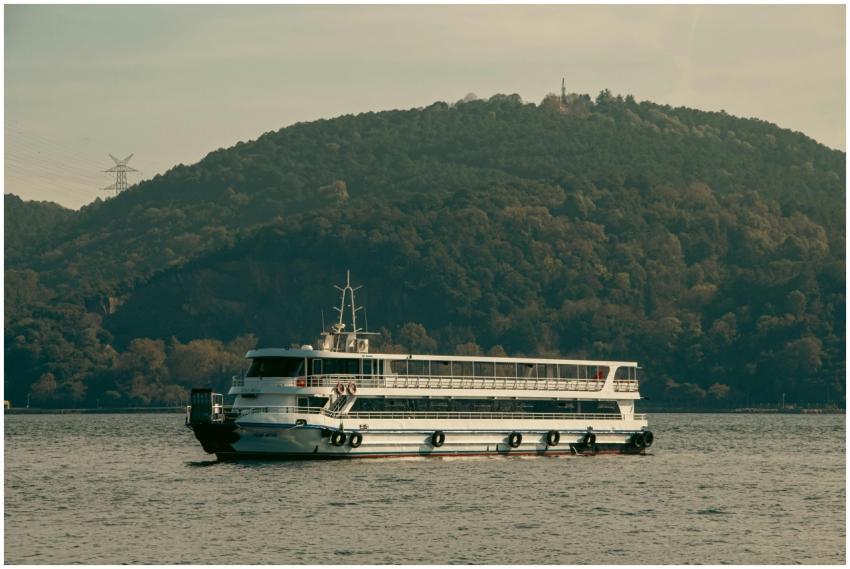 River cruise boat on a calm waterway with a lush g