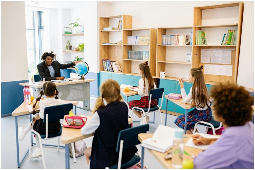 Teacher engaging students with a globe in a divers