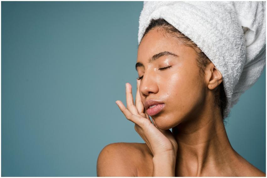 Serene portrait of a woman with a towel turban, ey