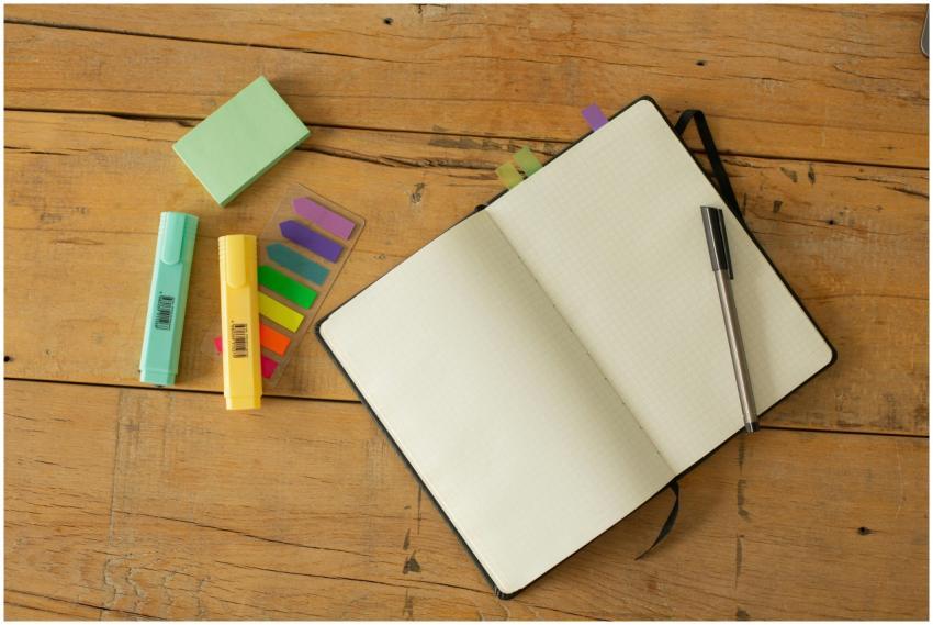 Top view of opened sketchbook with blank pages and