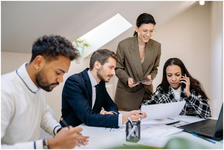 Group of professionals collaborating in a bright,