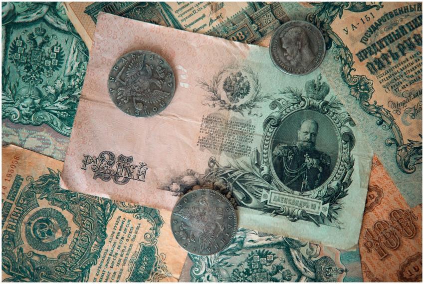 A detailed image of antique Russian banknotes and