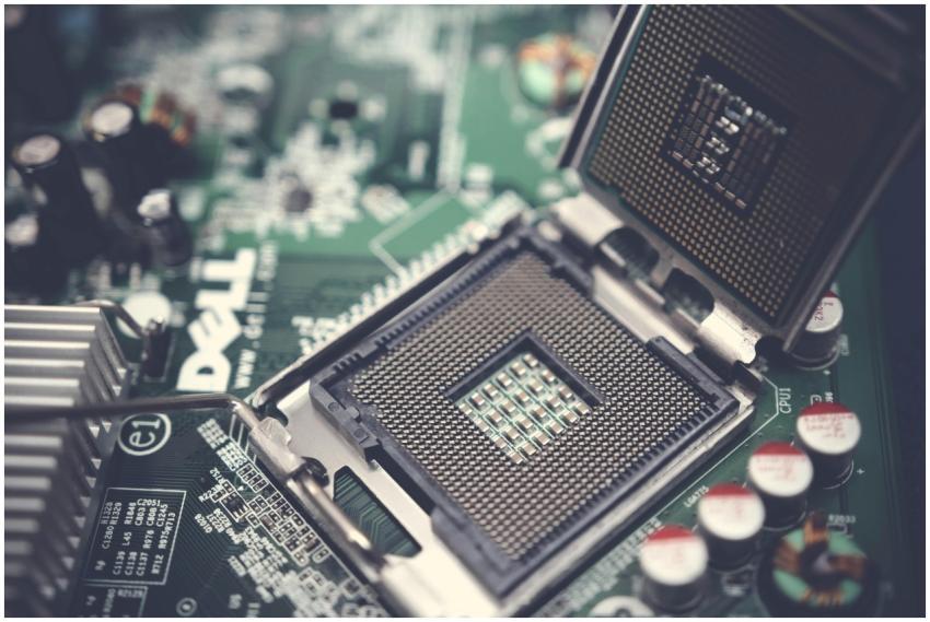 Detailed close-up shot of a computer motherboard f