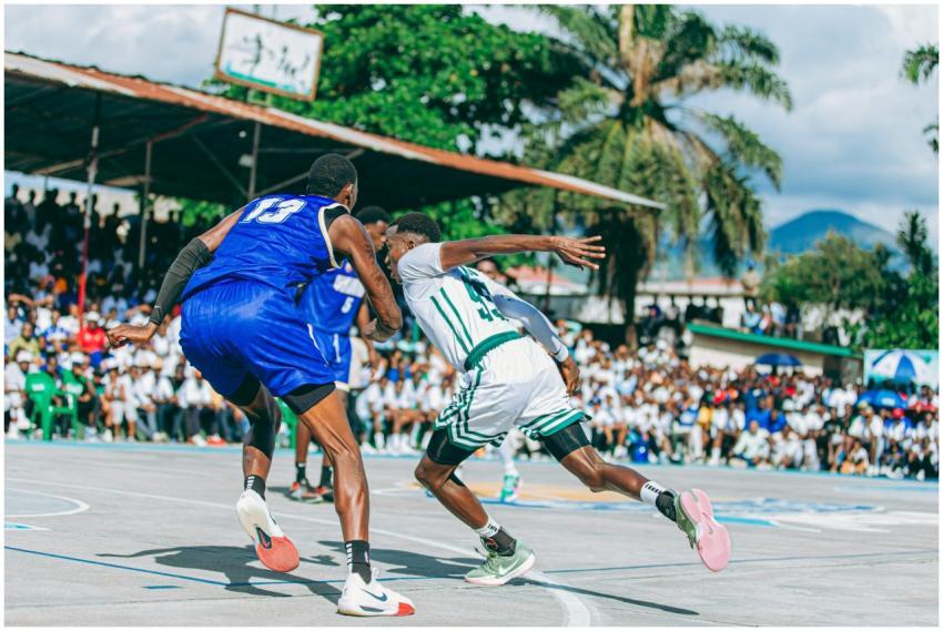 Players compete in an exciting outdoor basketball