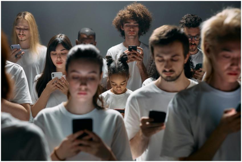 A diverse group of people engrossed in their smart