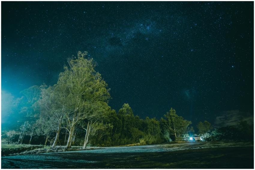 A breathtaking view of a starry sky above a tranqu